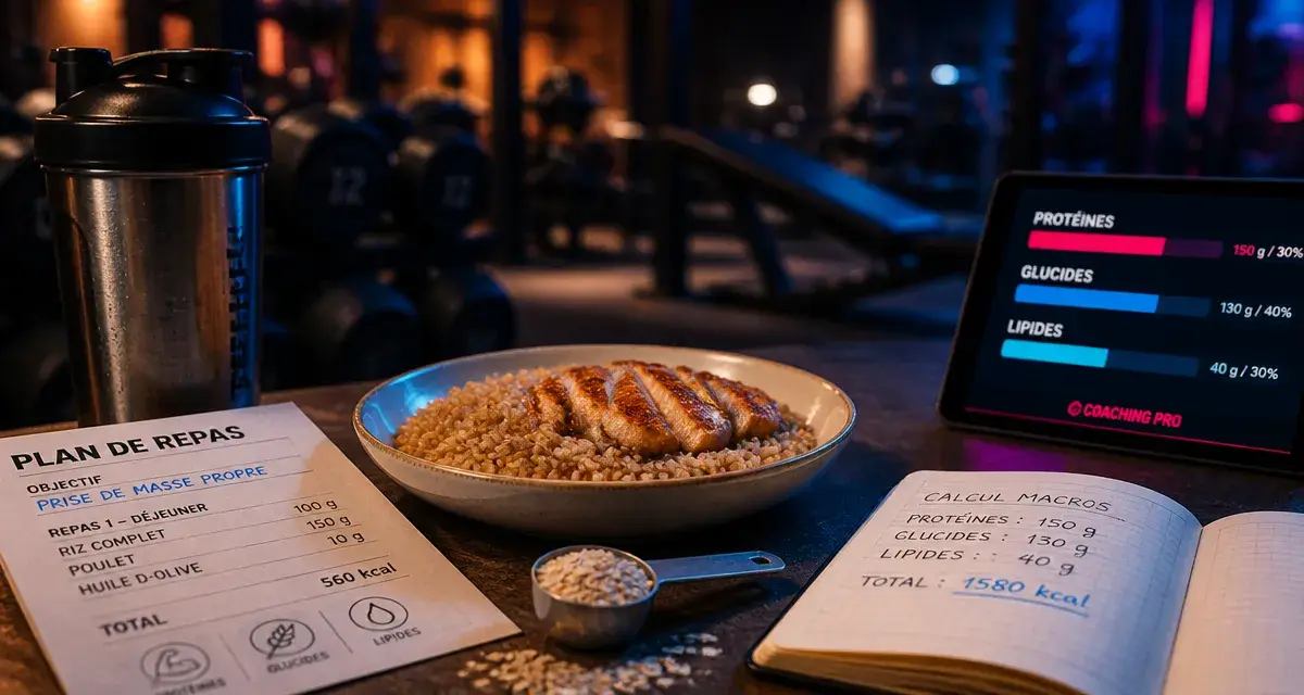 Nutrition pour la musculation : assiette riz complet et poulet, macros et shaker