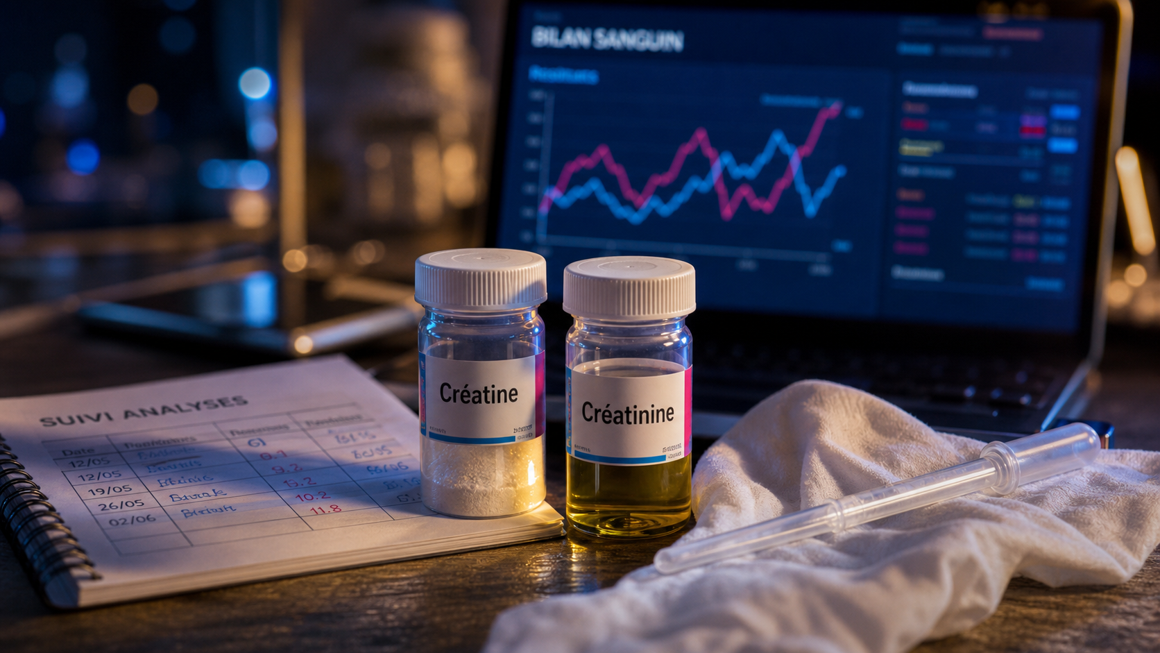 Qu est ce que la creatine : flacons créatine et créatinine sur table
