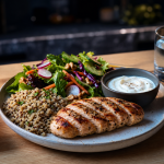 Repas riche en proteine : assiette poulet, quinoa et fromage blanc