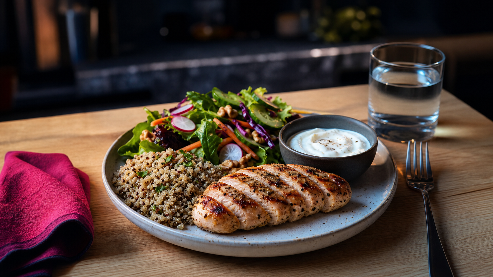 Repas riche en proteine : assiette poulet, quinoa et fromage blanc