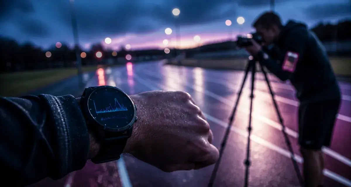 VO2max evolution : coureur avec montre cardio GPS sur piste, suivi effort