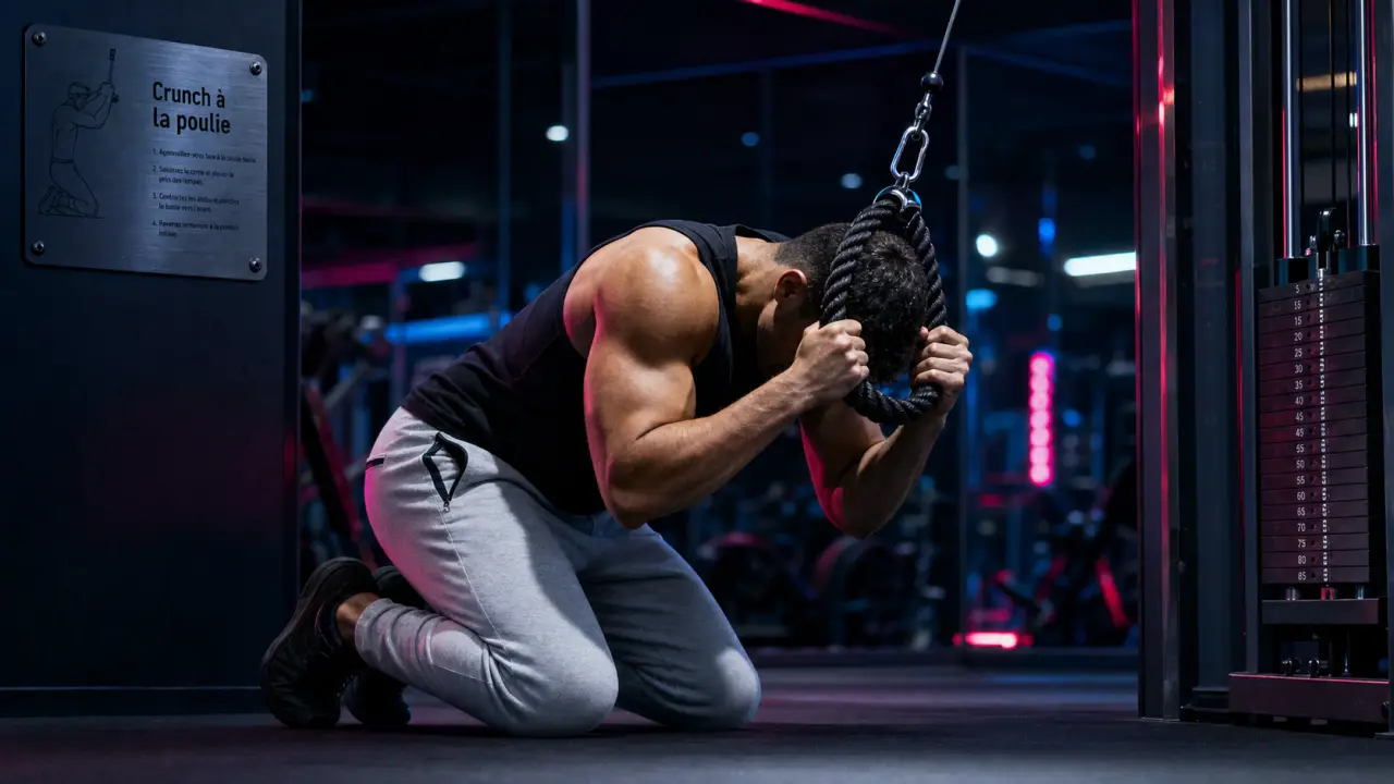 Abdo a la poulie : crunch à la corde, athlète en salle de sport