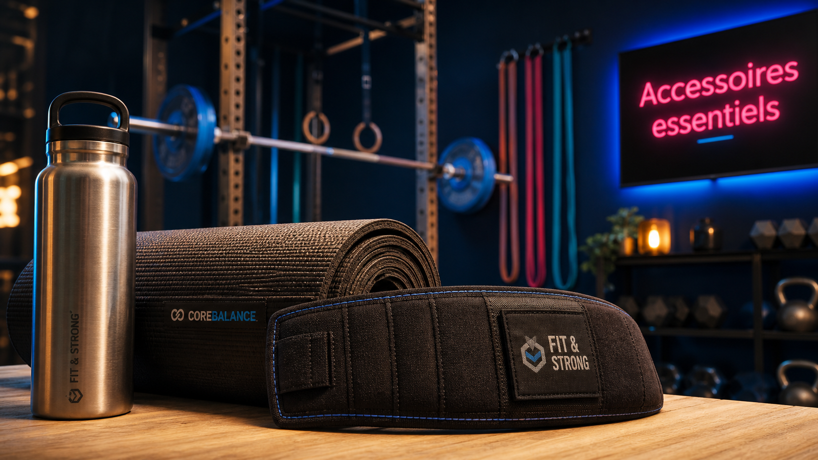 Accessoire pour sport : gourde, tapis et ceinture lombaire pour améliorer l’entraînement