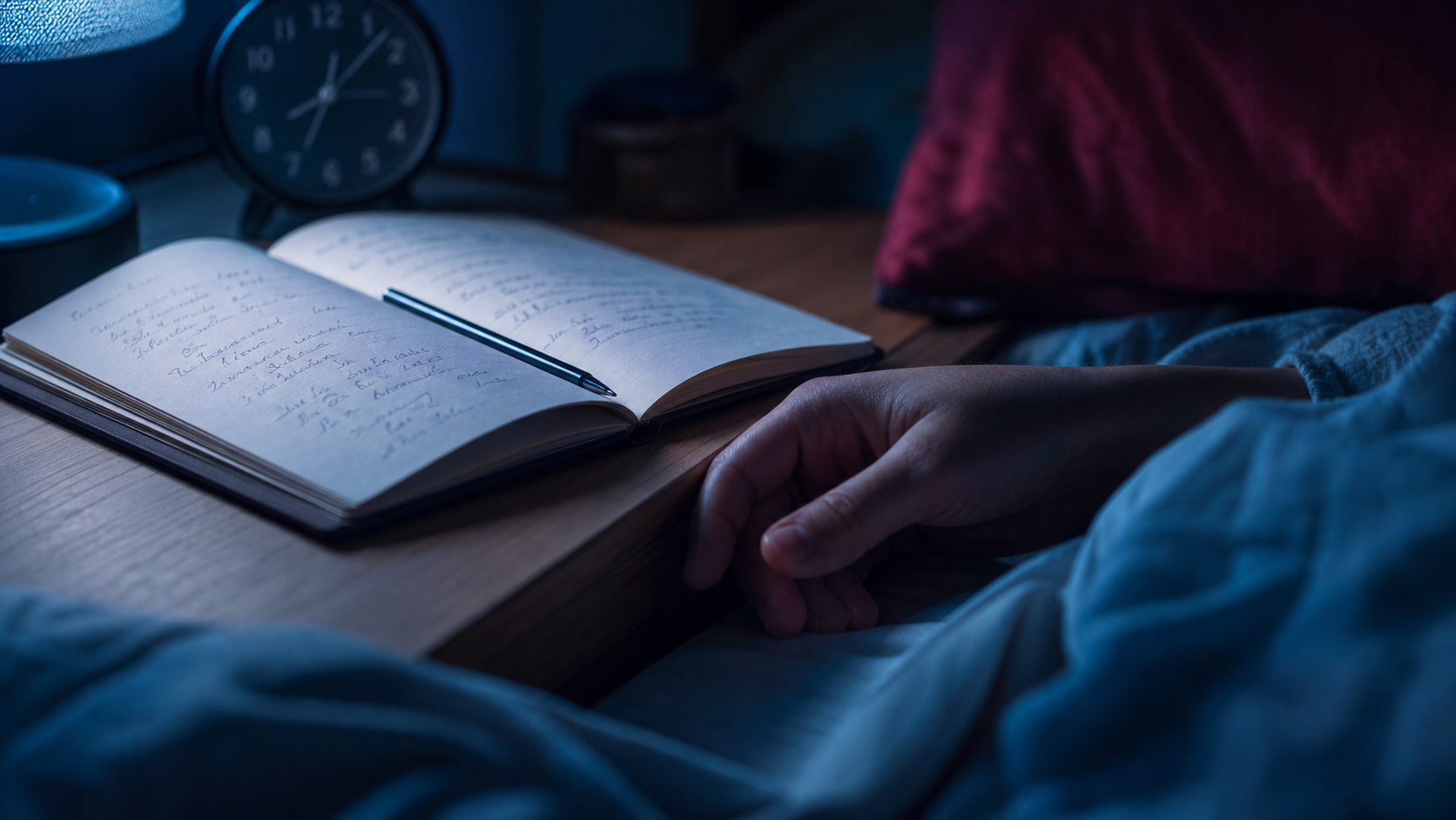 Comment s endormir vite quand on est pas fatigue : carnet ouvert, lumière bleue tamisée, sommeil