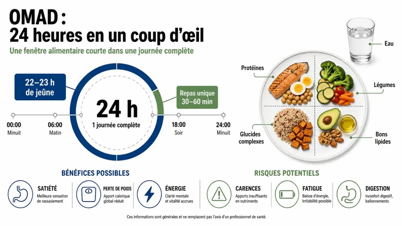 Régime OMAD : fenêtre de jeûne de 22 à 23 heures et repas unique équilibré