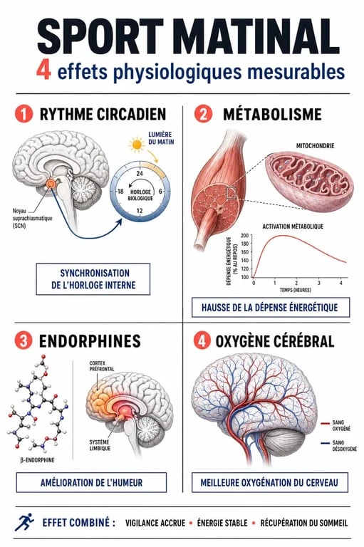 Infographie sur les bienfaits physiologiques du sport matinal pour la santé et l'énergie