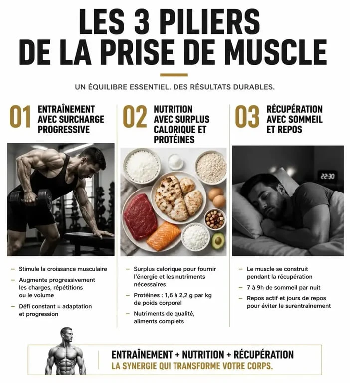 Infographie des piliers pour prendre des muscles rapidement : entraînement, nutrition et récupération.