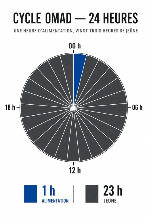 Infographie explicative du cycle du régime OMAD, montrant la répartition entre la fenêtre d'alimentation et le jeûne de 23 heures.
