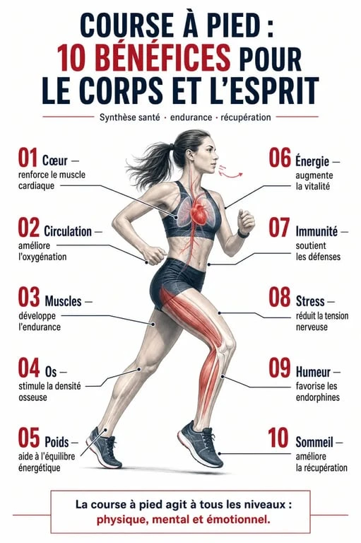 Infographie des 10 bienfaits de la course à pied sur la santé, le cœur, le stress et le sommeil