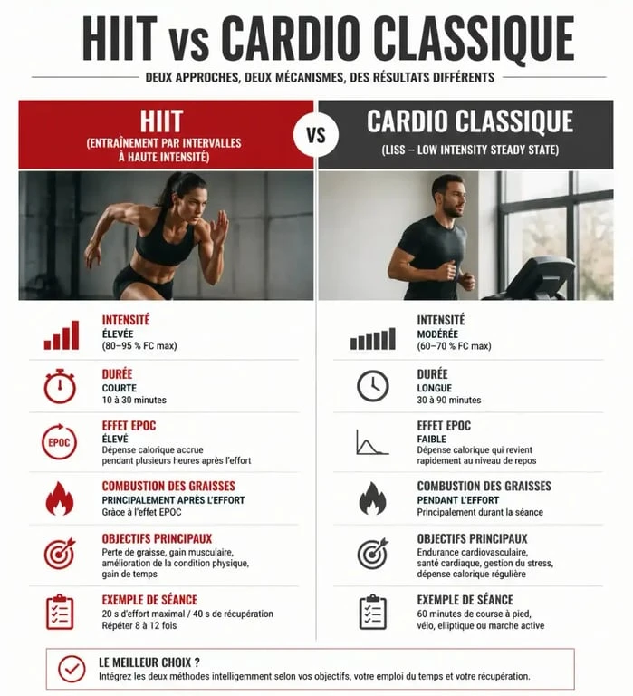Infographie comparative HIIT vs cardio classique pour la perte de poids