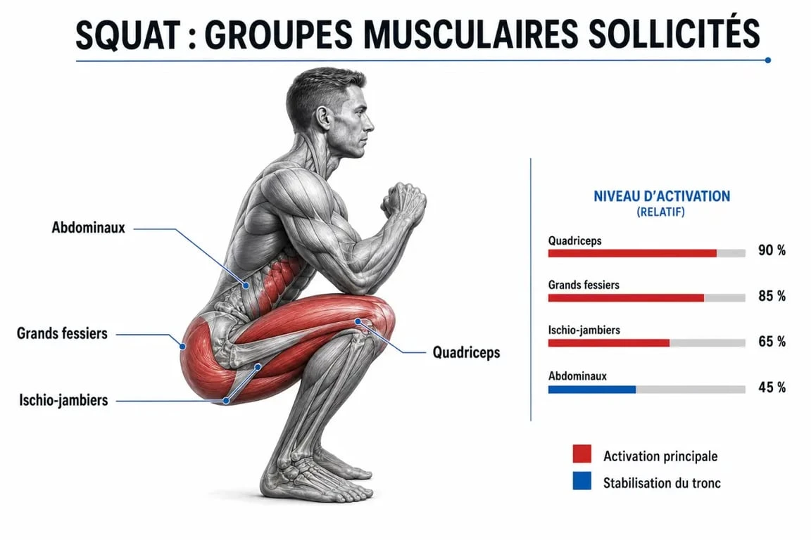 Schéma anatomique des muscles sollicités lors du squat : quadriceps, fessiers et ischio-jambiers
