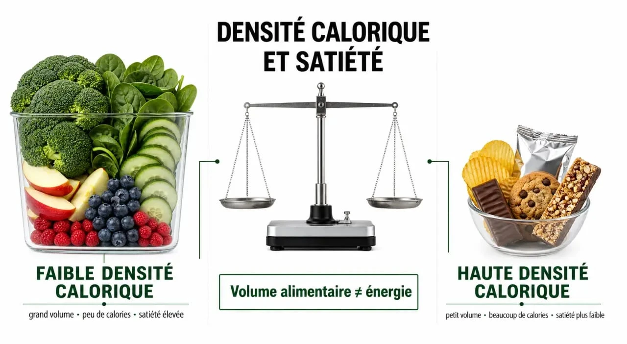 Infographie explicative sur la densité calorique des aliments qui ne font pas grossir
