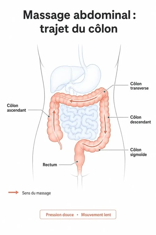 Schéma explicatif pour apprendre comment dégonfler du ventre par un massage abdominal