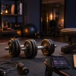Materiel sport maison dans un home-gym d’appartement : tapis, haltères réglables et bandes élastiques