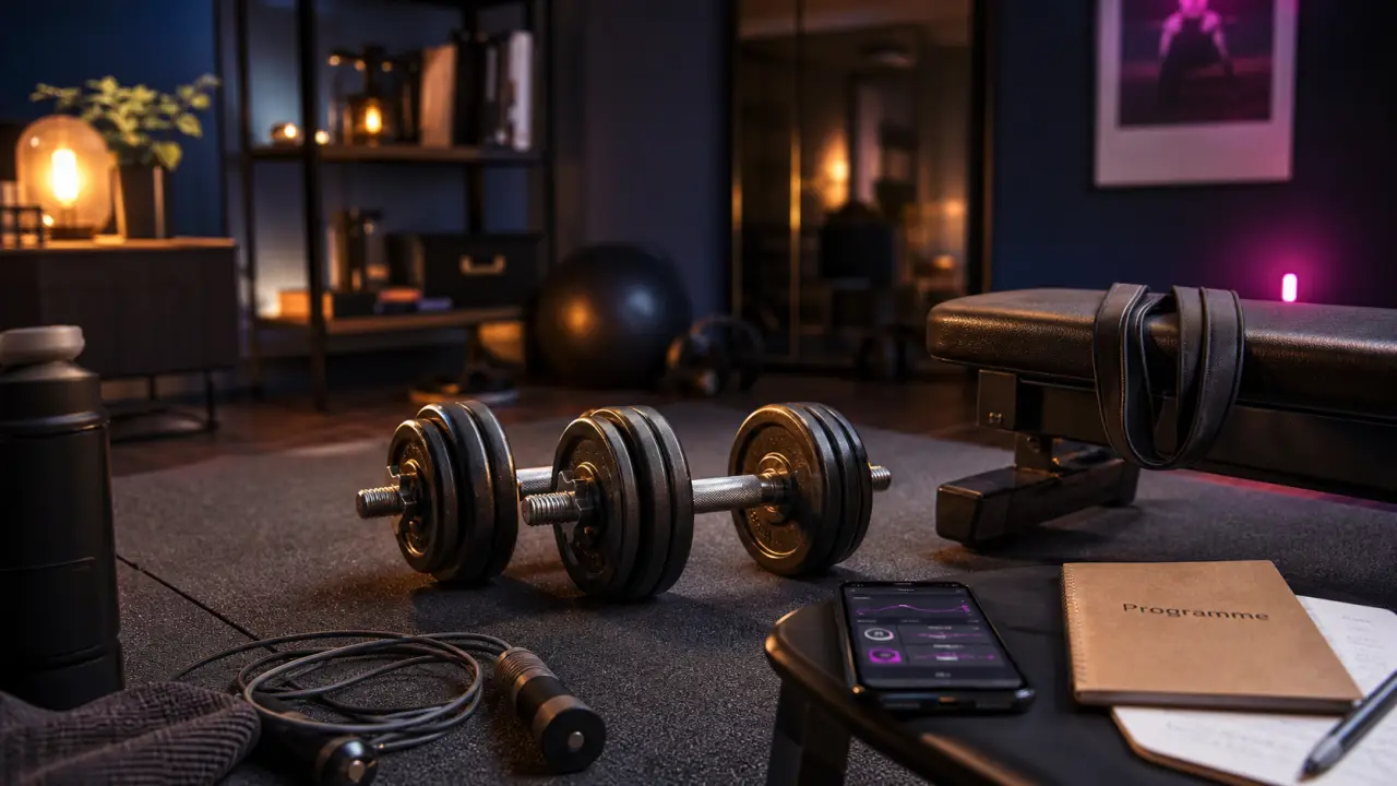 Materiel sport maison dans un home-gym d’appartement : tapis, haltères réglables et bandes élastiques