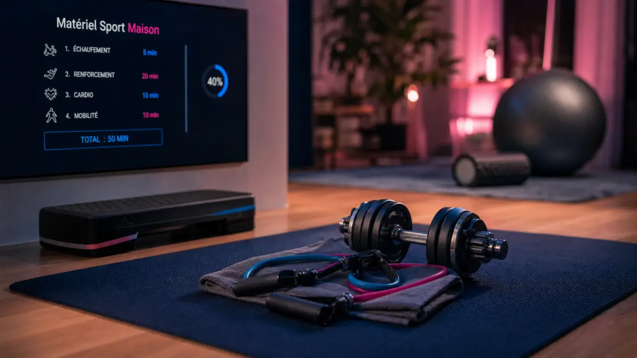 Materiel sport maison : tapis, haltères réglables et bandes élastiques