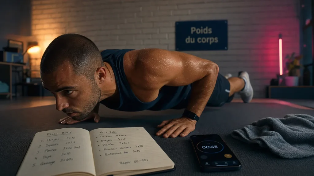 Musculation poids du corps programme : homme fait une pompe au sol