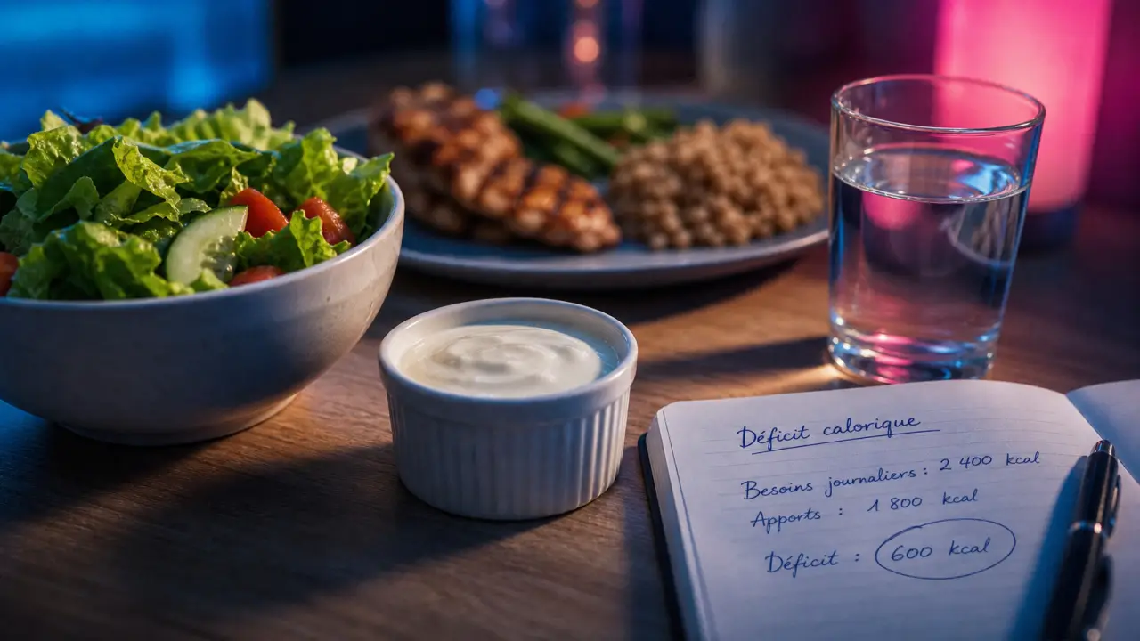 Nutrition perdre du poids : déficit 350 à 700 kcal, repas équilibré et salade