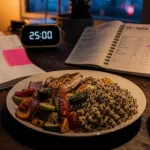 OMAD : repas équilibré avec thé, eau et légumes rôtis en plan rapproché