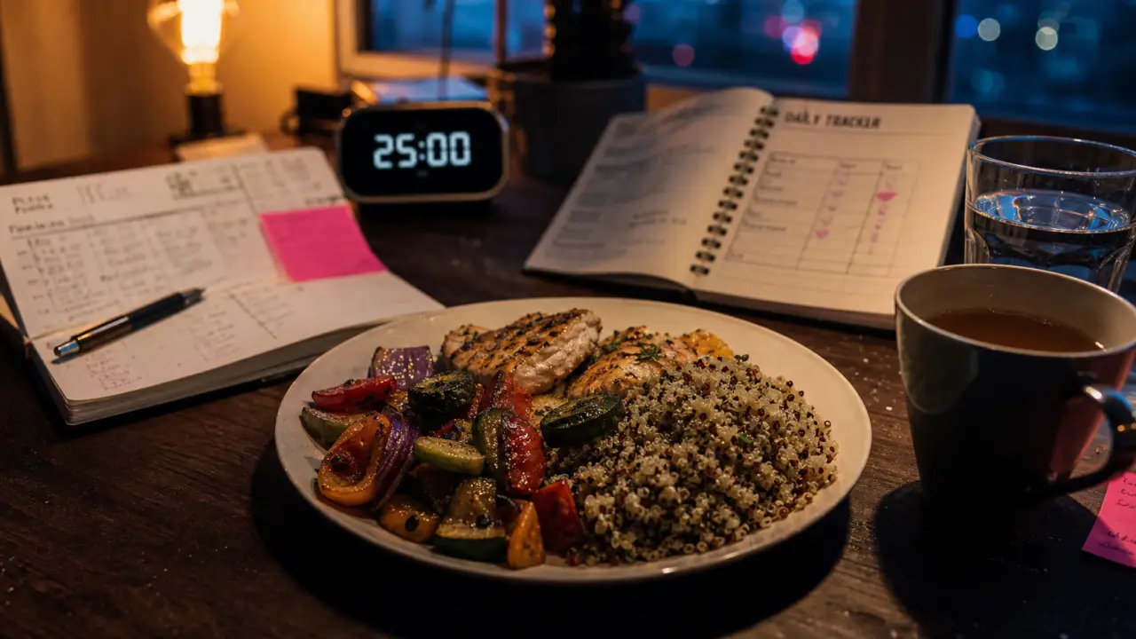 OMAD : repas équilibré avec thé, eau et légumes rôtis en plan rapproché