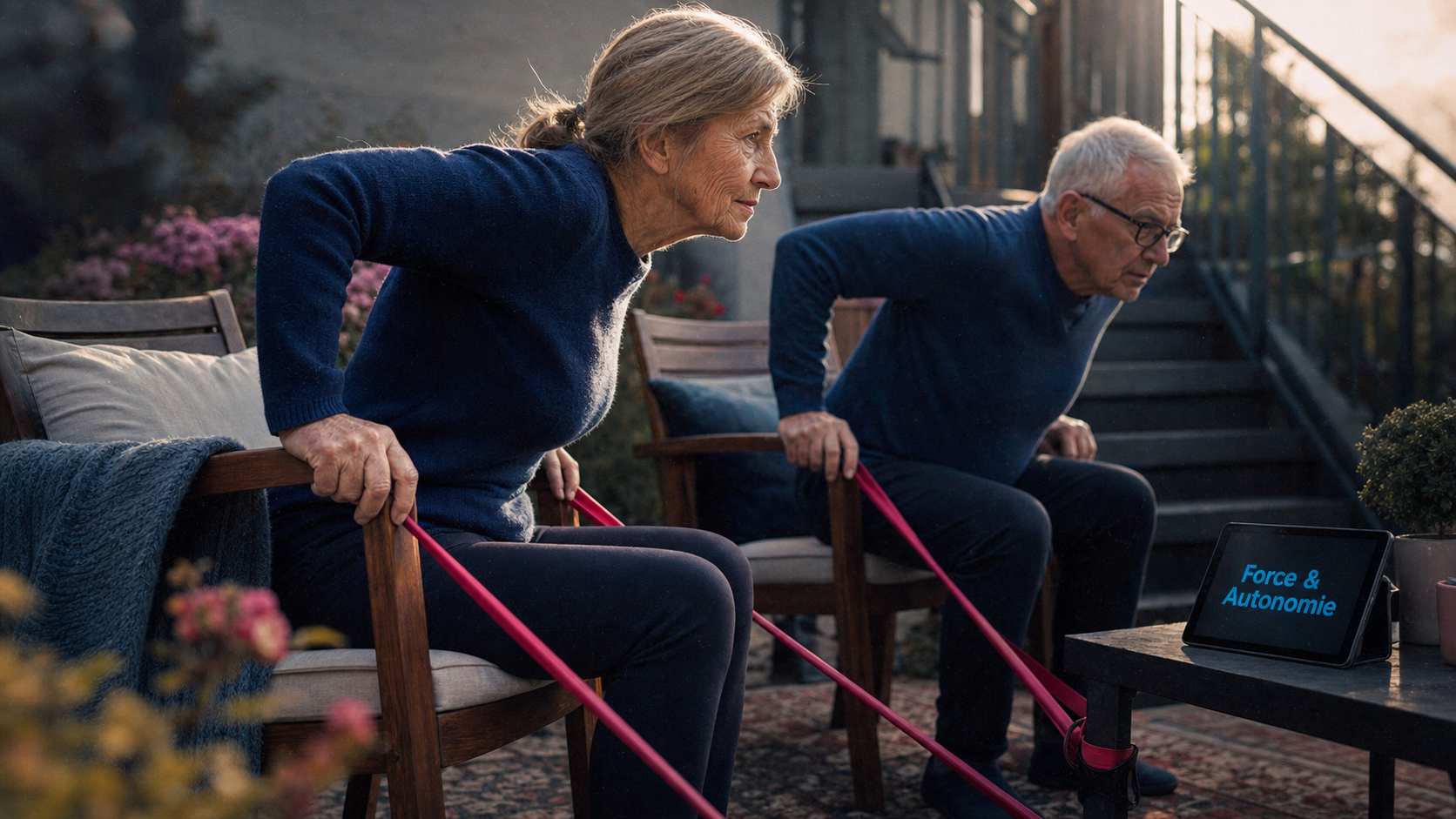Perte masse musculaire age : seniors renforcent les jambes avec élastique