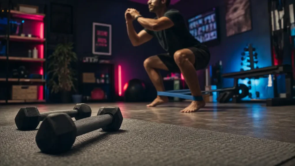 Seance de renforcement musculaire à domicile : haltères et squat