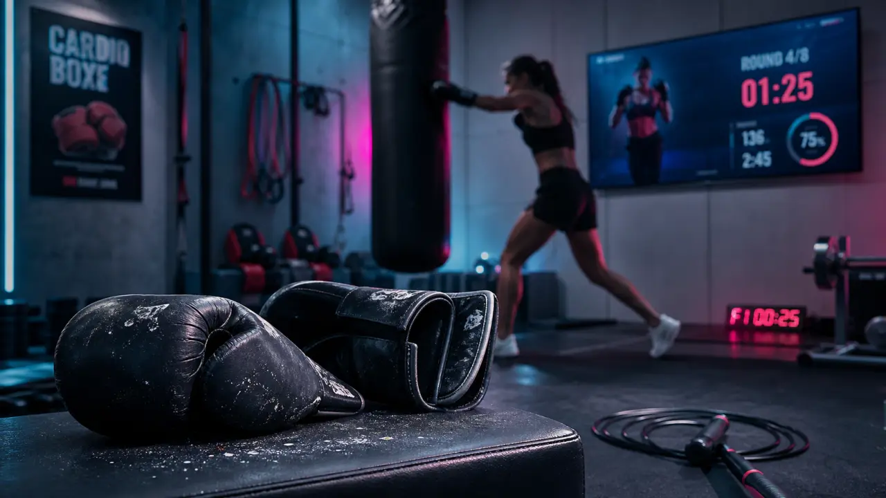 Cardio boxe sans contact : sportive avec gants et sac de frappe en salle