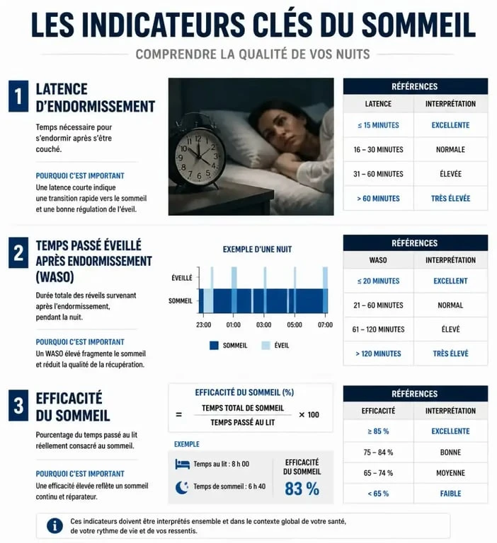 Infographie expliquant les indicateurs de l'agenda du sommeil comme la latence et le WASO