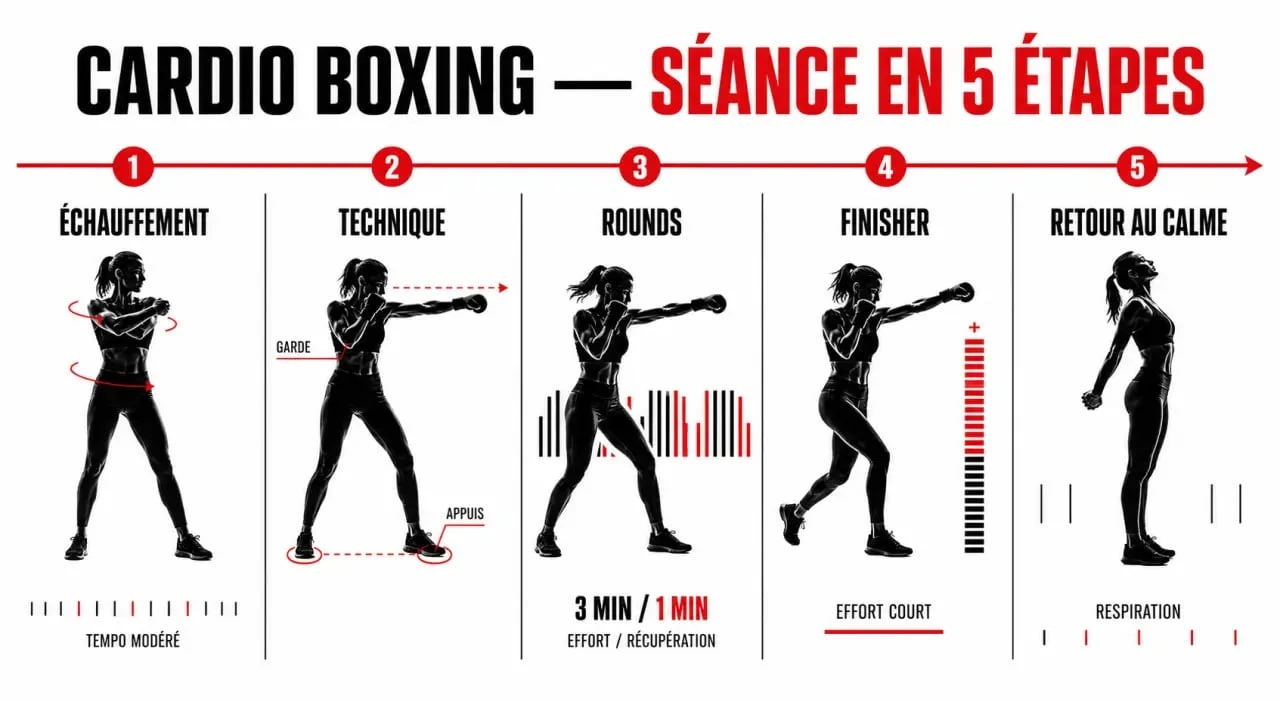 Séance cardio boxing en 5 étapes avec échauffement, rounds et retour au calme