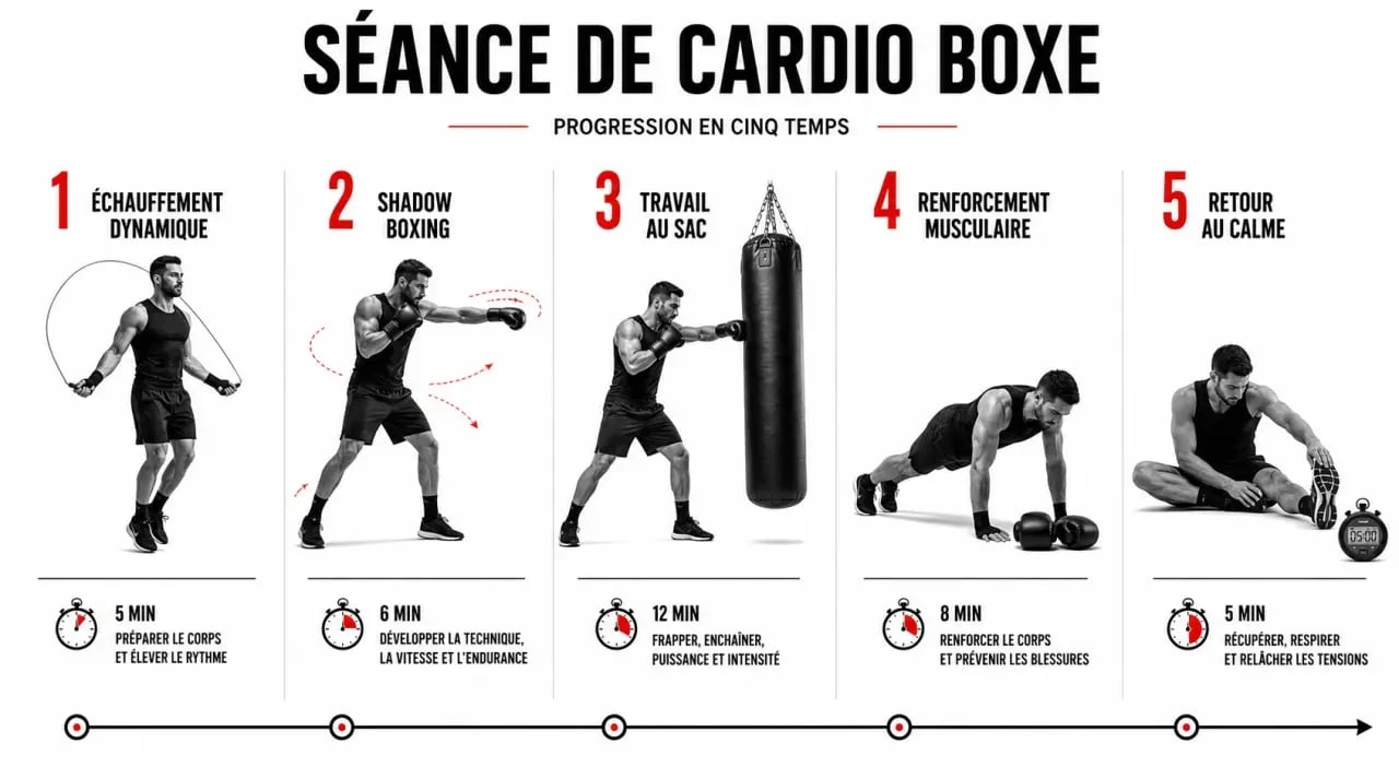 Cardio boxe : structure d’une séance de 45 minutes avec échauffement, shadow boxing, sac de frappe et retour au calme