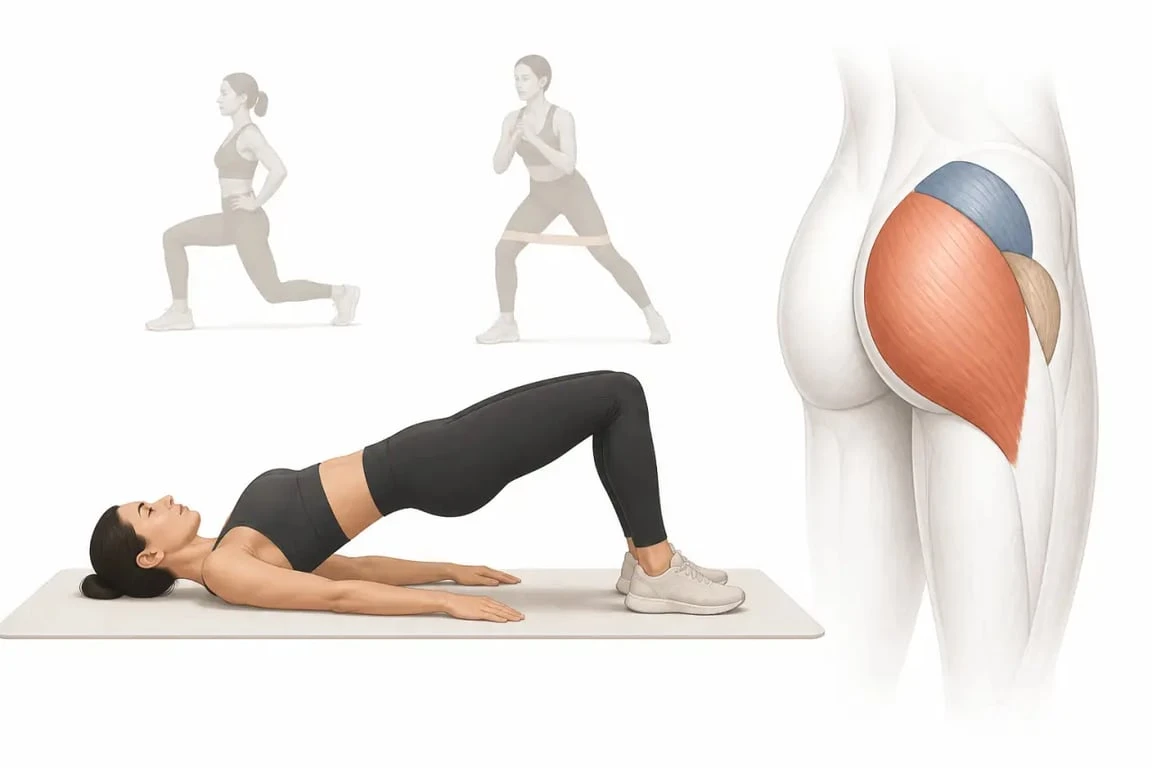 Exercices fessiers maison avec glute bridge et schéma simplifié des fessiers