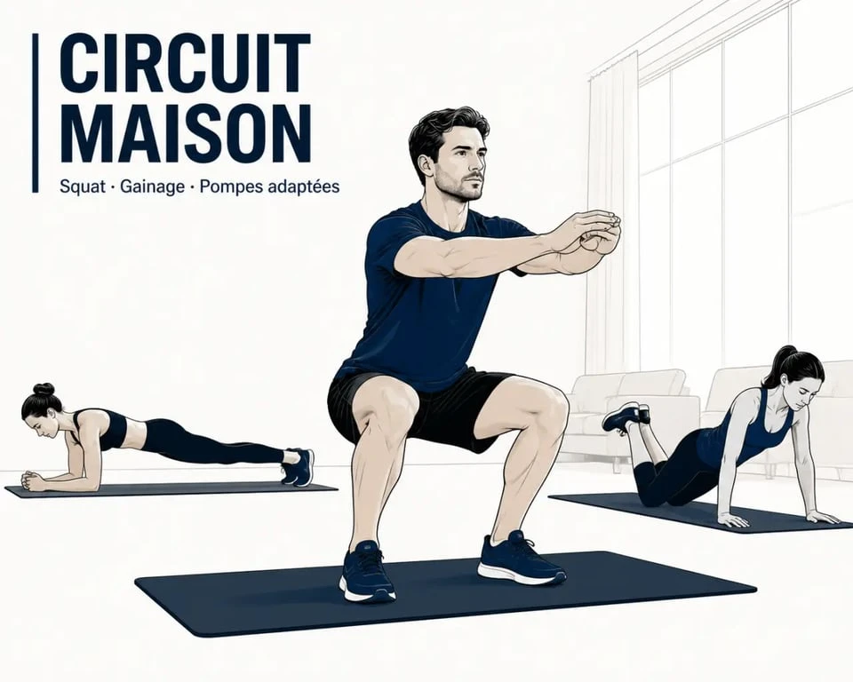 Meilleurs exercices à la maison : séance de sport au poids du corps dans un salon avec squat, gainage et pompes