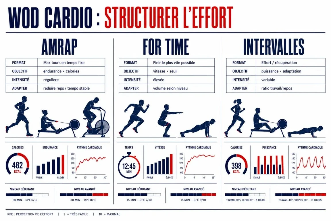 Wod cardio : synthèse visuelle des formats AMRAP, For Time et intervalles