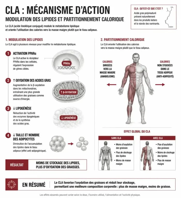 Infographie explicative sur le fonctionnement du CLA complément alimentaire et son rôle dans la gestion des graisses