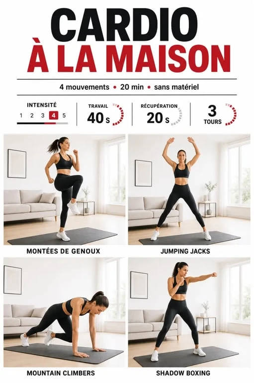 Exo cardio à la maison avec montées de genoux, jumping jacks et mountain climbers