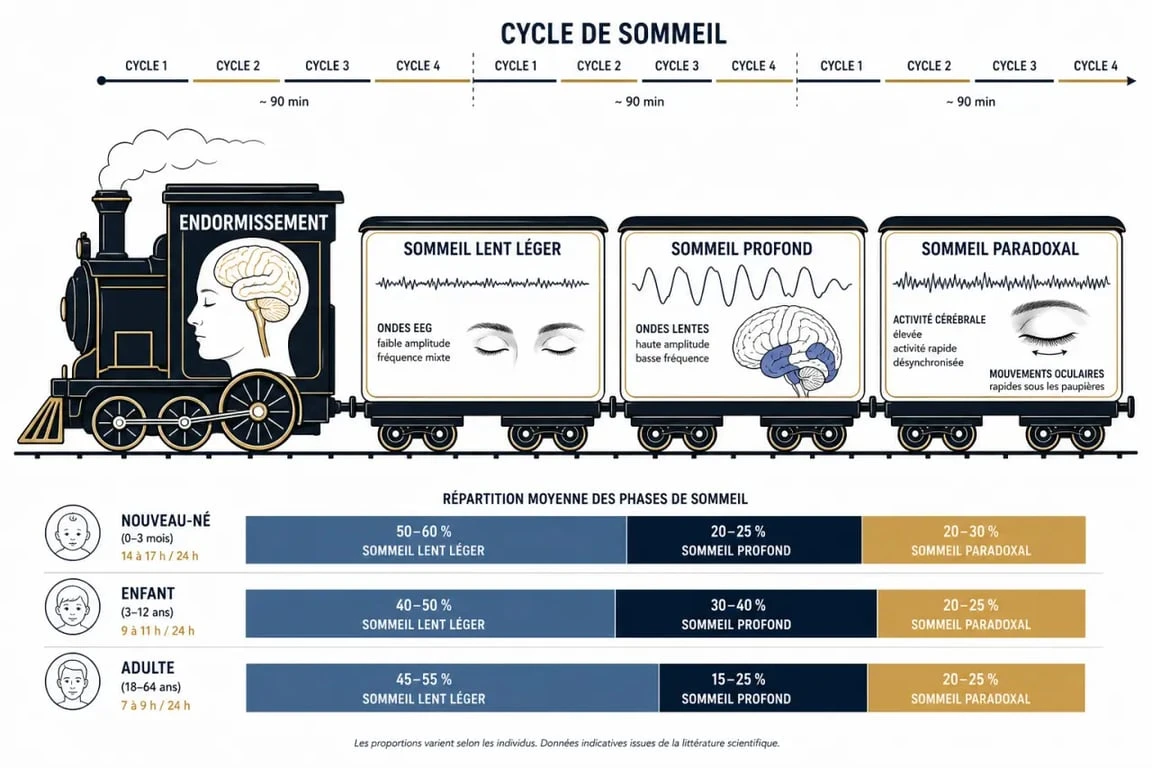 Schéma du train du sommeil avec wagons représentant les phases de sommeil
