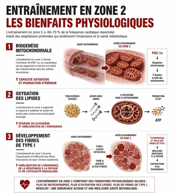 Infographie sur les bienfaits physiologiques de l'entraînement en zone 2