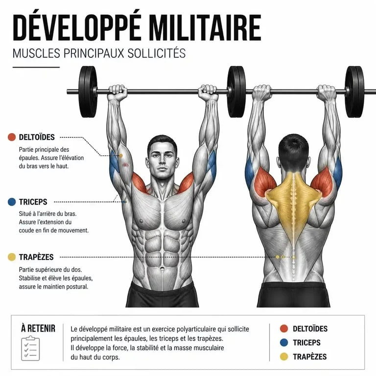 Schéma anatomique des muscles sollicités lors du développé militaire