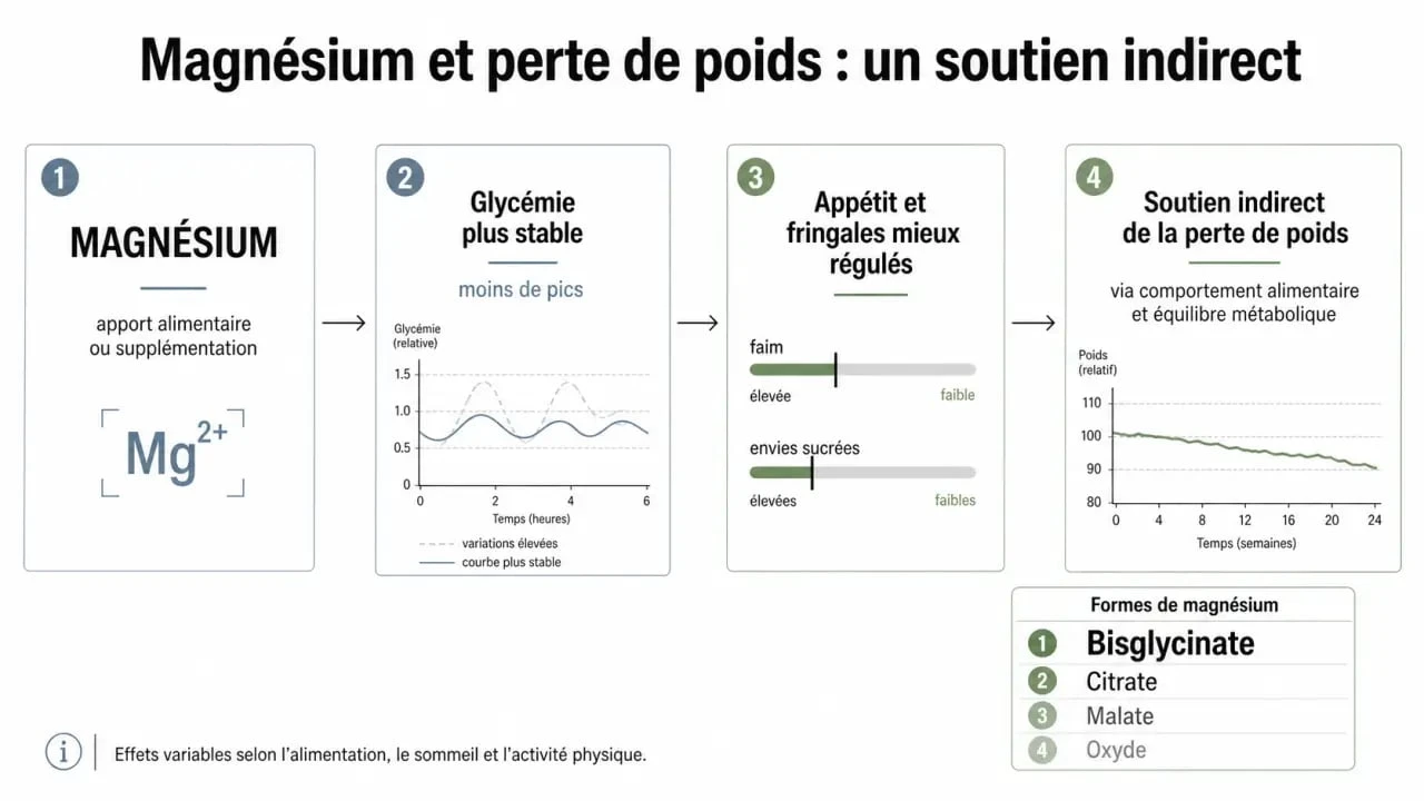 Magnésium et perte de poids : schéma des mécanismes entre glycémie, appétit, stress et soutien indirect