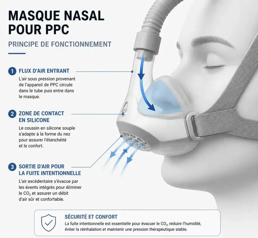 Schéma explicatif du fonctionnement d'un masque nasal pour apnée du sommeil