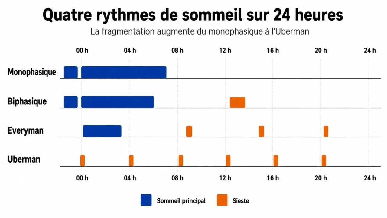 Infographie du sommeil polyphasique comparant les rythmes monophasique, biphasique, Everyman et Uberman sur 24 heures