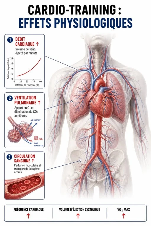 Schéma des bienfaits du cardio-training sur le système cardiovasculaire et la santé globale