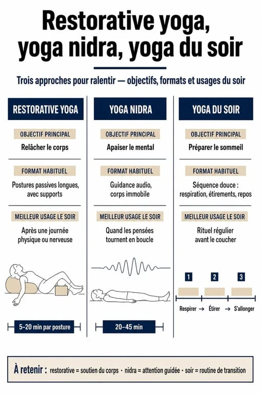 Restorative yoga sommeil : comparaison visuelle avec yoga nidra et yoga du soir