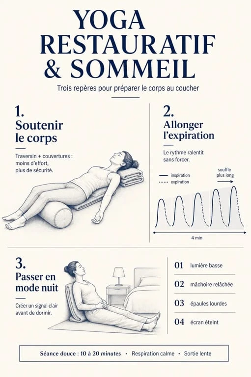 Restorative yoga sommeil : posture soutenue et respiration lente avant le coucher