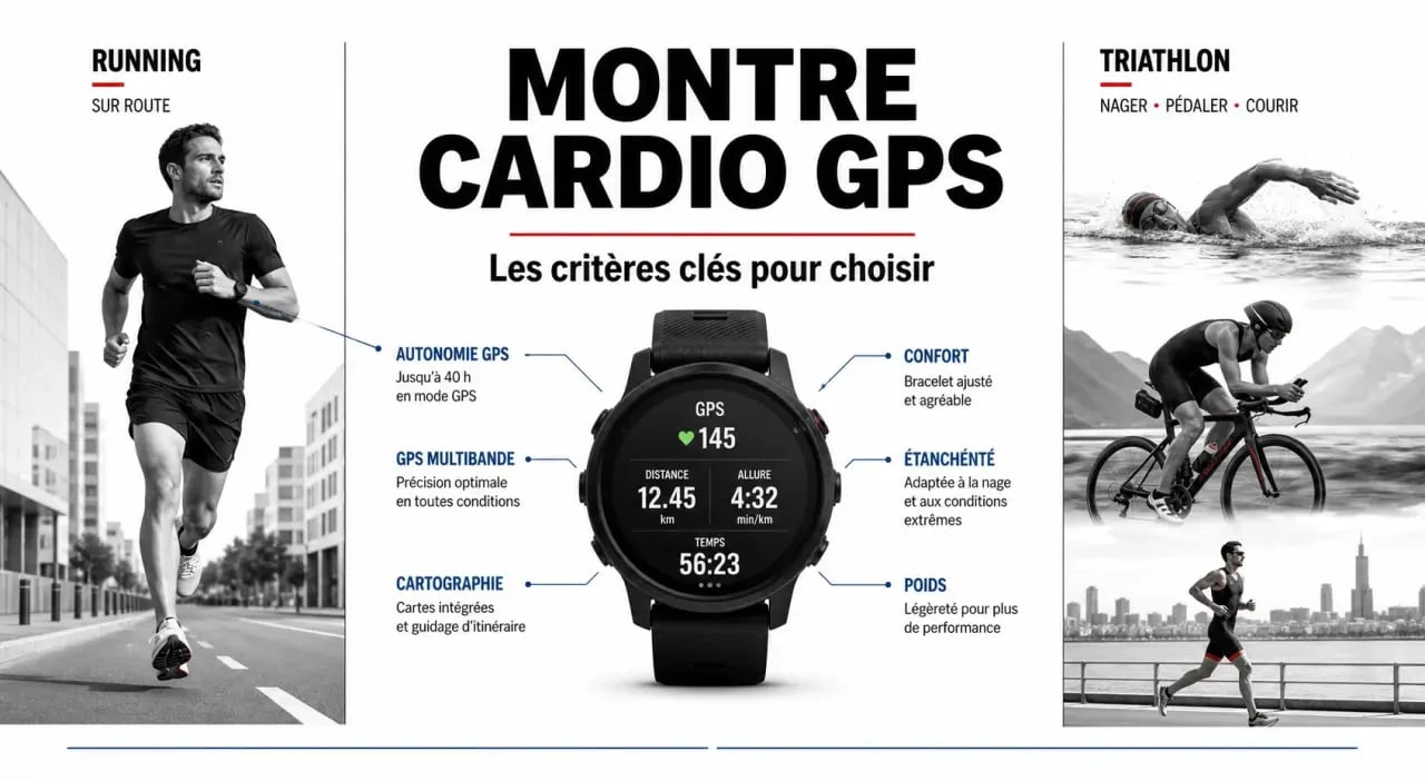 Montre cardio GPS : visuel éditorial comparant autonomie, GPS multibande, cartographie et confort selon le sport
