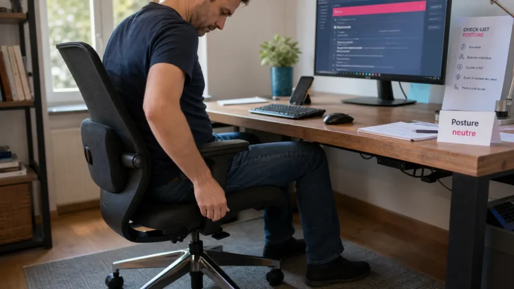 Posture au travail : 90°, écran à hauteur des yeux et pauses toutes les 50 minutes