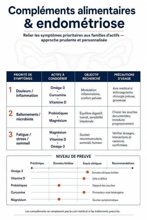 Complément alimentaire endométriose : schéma des actifs selon les symptômes et précautions d’usage
