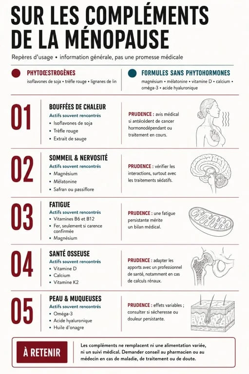 Infographie sur le complément alimentaire pour la ménopause selon les symptômes et les précautions