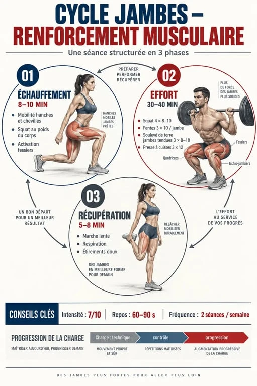 Cycle d'entraînement et récupération pour le renforcement musculaire jambes