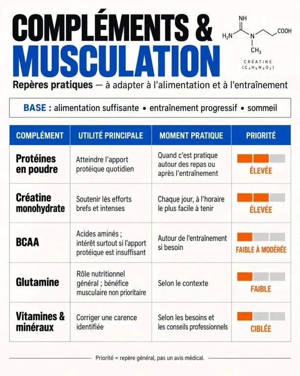 Infographie comparative sur les compléments alimentaires musculation et leur niveau de priorité